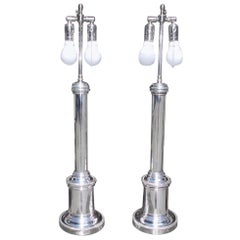 Pair of English Nickel Silver Column Table Lamps, Originally Gas. Circa, 1880