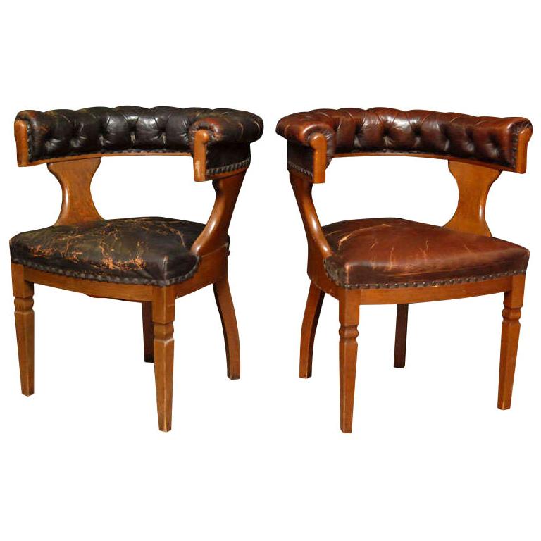 Pair Of English Oak And Leather Library Chairs
