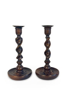 Antique English Oak Barley Twist Candlesticks with Brass Bobeches