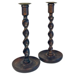 Antique Pair of English Oak Barley Twist Candlesticks