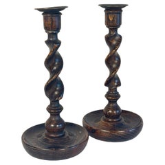 Antique Pair of English Oak Barley Twist Candlesticks