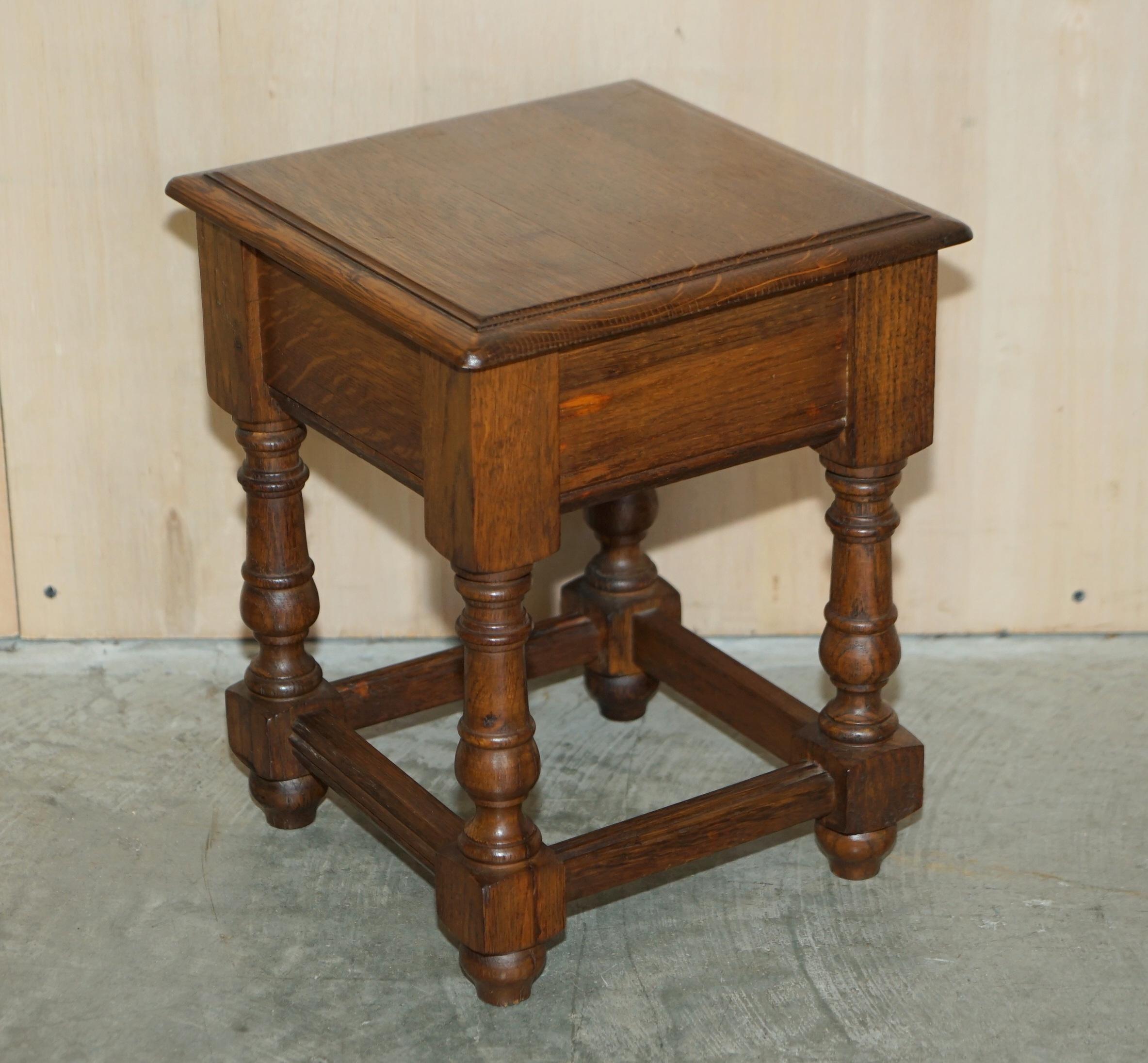 We are delighted to offer for sale this lovely pair of late Victorian to early Edwardian oak side tables.

A good looking well made and decorative pair, these can be used as side tables or stools, they are hand made in oak using traditional