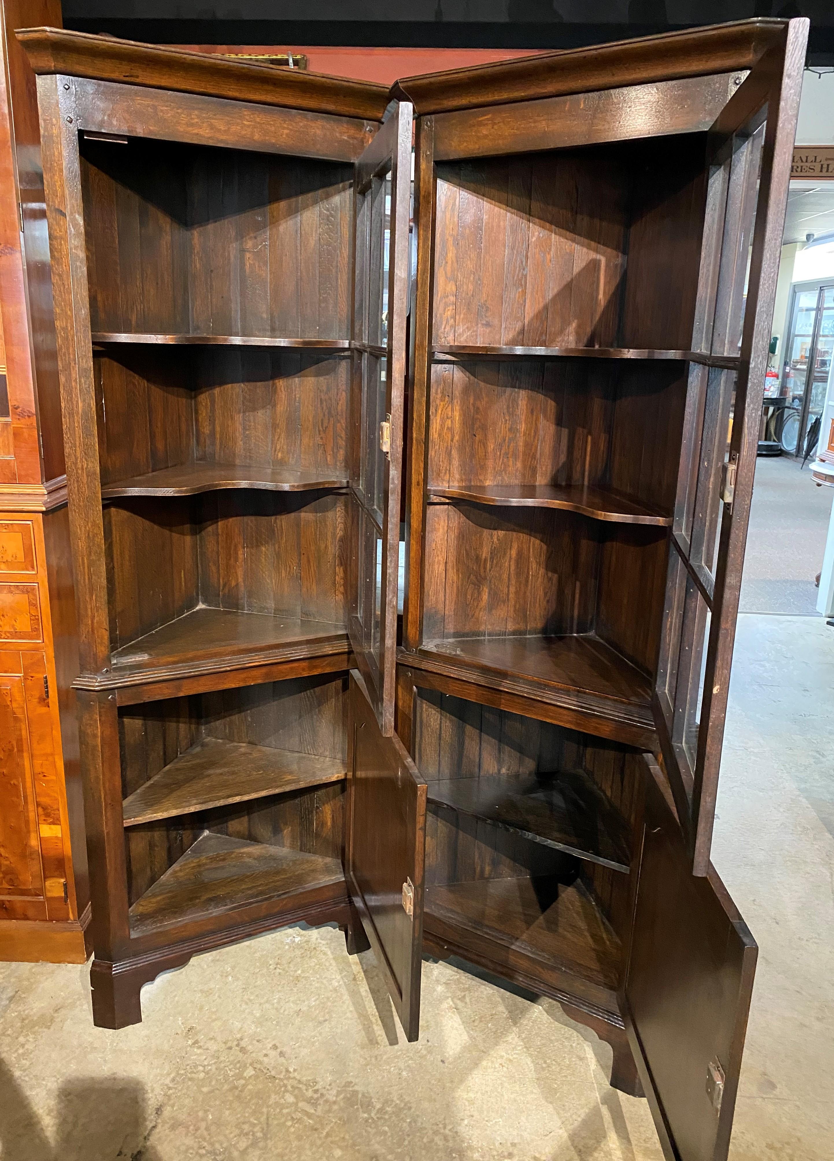 Pair of English Oak Diminutive Two Door Corner Cupboards In Good Condition For Sale In Milford, NH