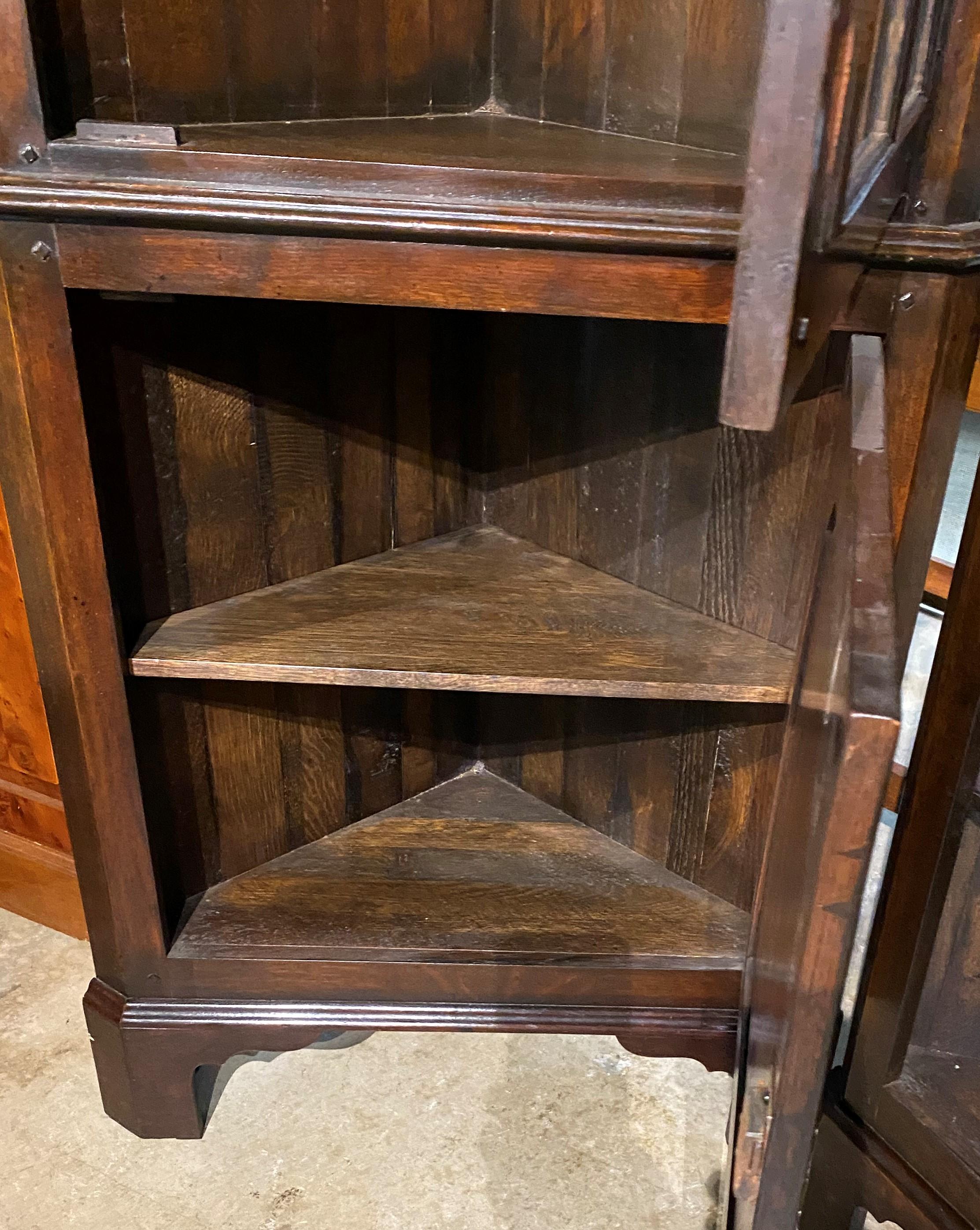 Brass Pair of English Oak Diminutive Two Door Corner Cupboards For Sale