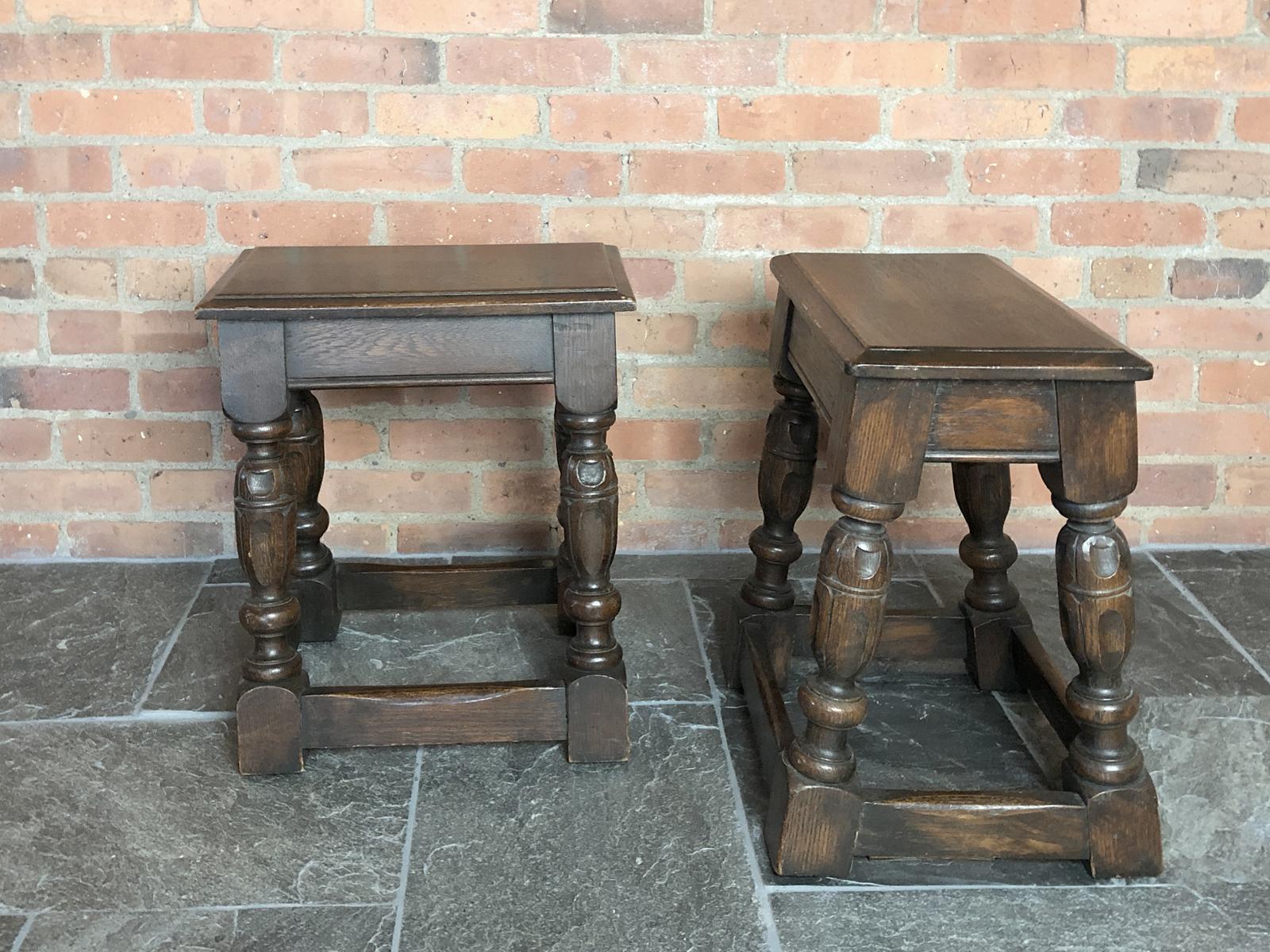 Carved Pair of English Oak Elizabethan Style Stools or End Tables For Sale