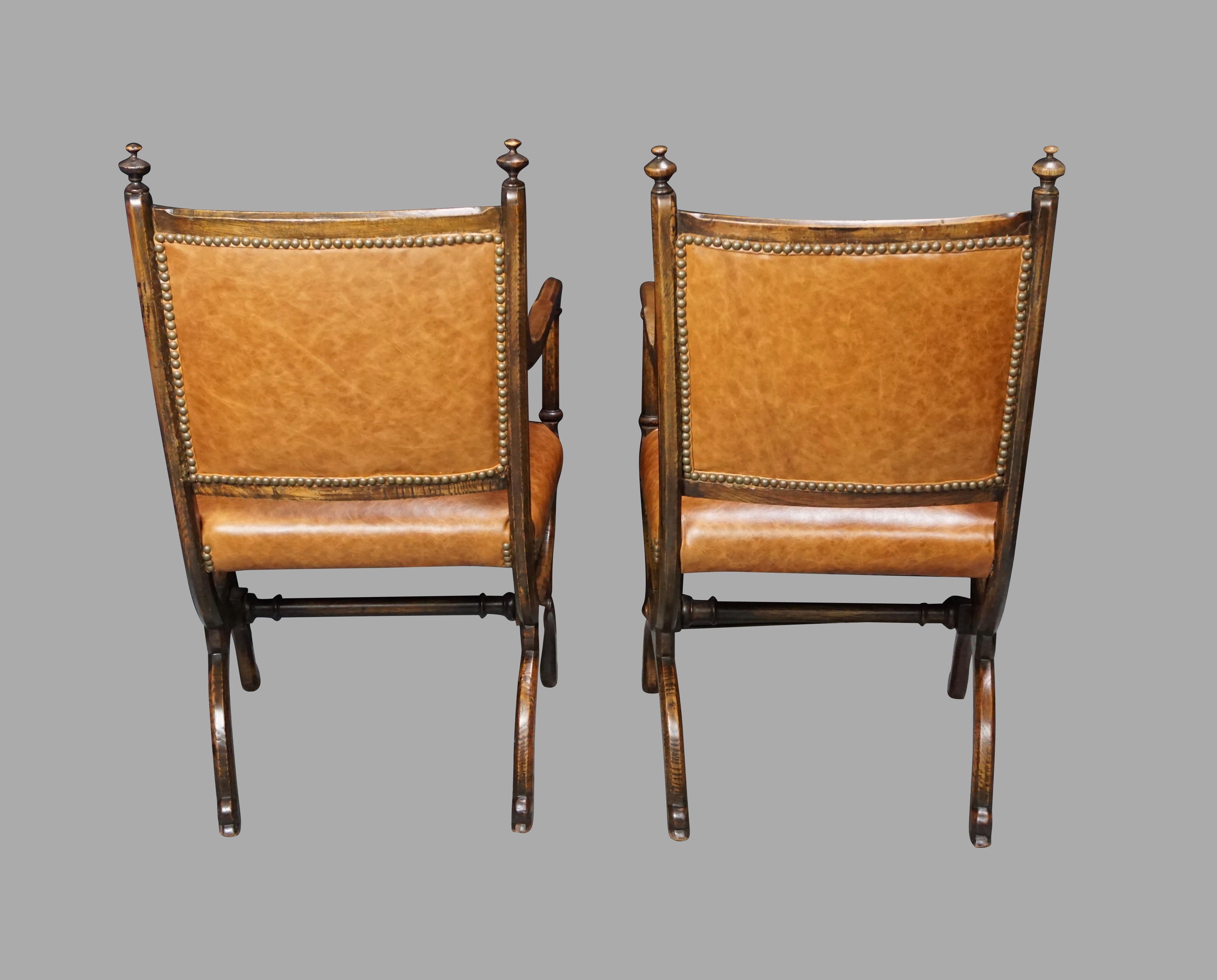 19th Century Pair of English Oak Gothic Revival Curule Armchairs after a Design by Pugin