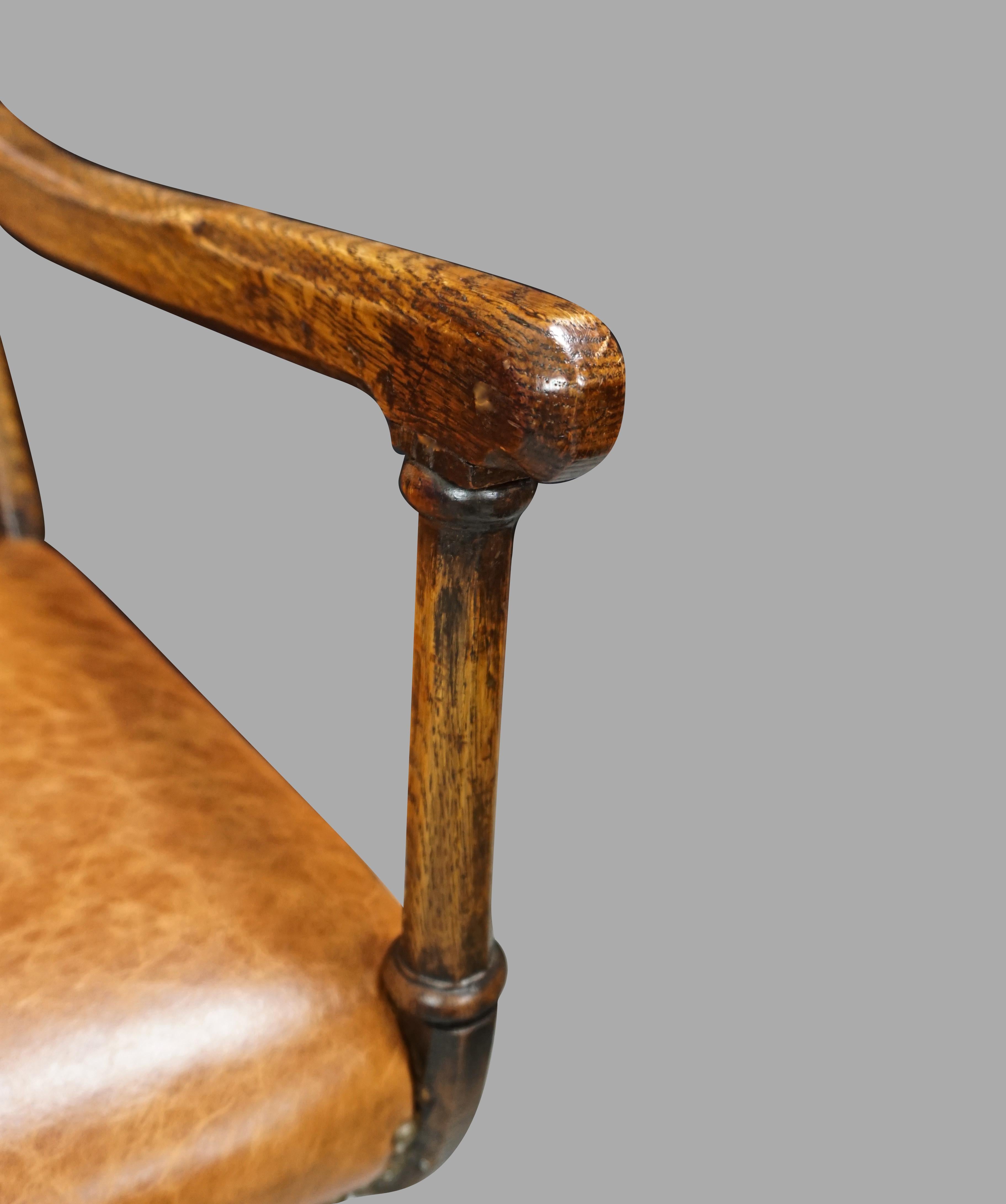Leather Pair of English Oak Gothic Revival Curule Armchairs after a Design by Pugin