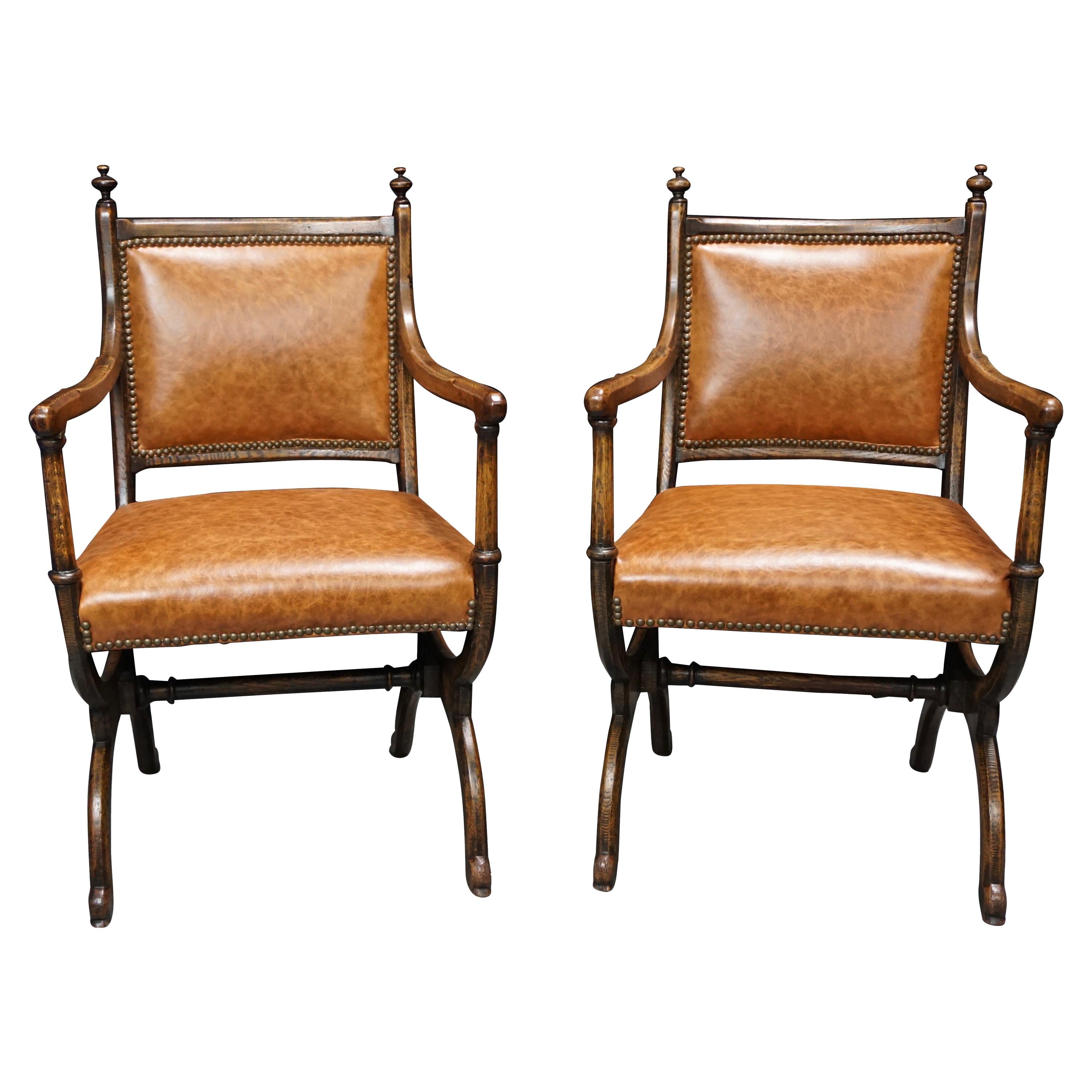 Pair of English Oak Gothic Revival Curule Armchairs after a Design by Pugin