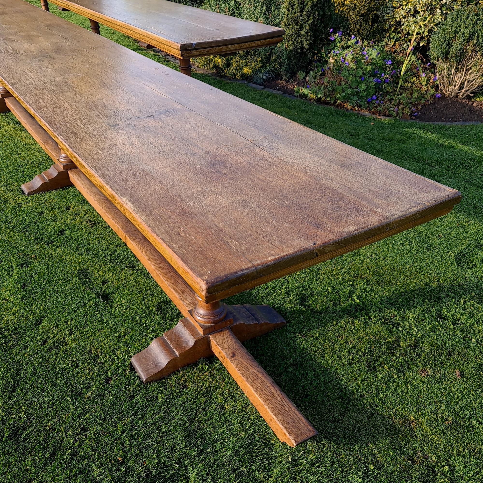 Stunning pair of huge 19th century English oak trestle tables.
Can sell individually or as a pair.



Dimensions
197 inches (500 cms) wide
26 inches (66 cms) deep
33.5 inches (85 cms) high.