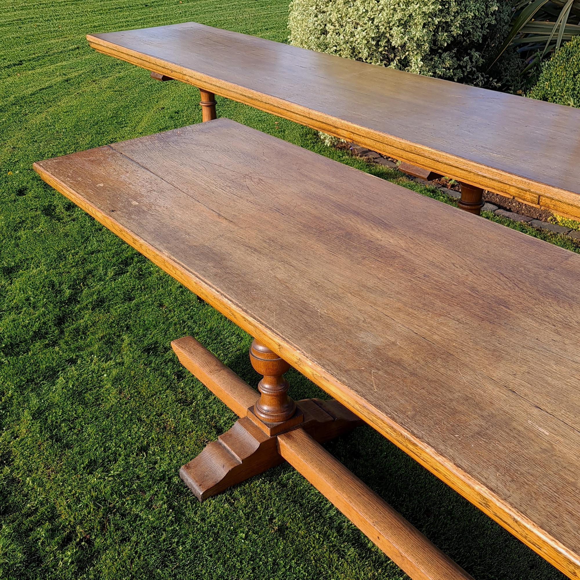 Polished Pair of English Oak Trestle Tables For Sale