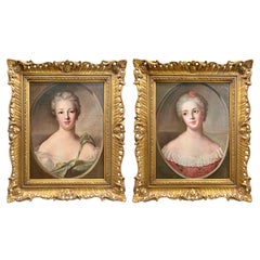 Antique Pair of English Oil Paintings on Canvas, 'Sisters'