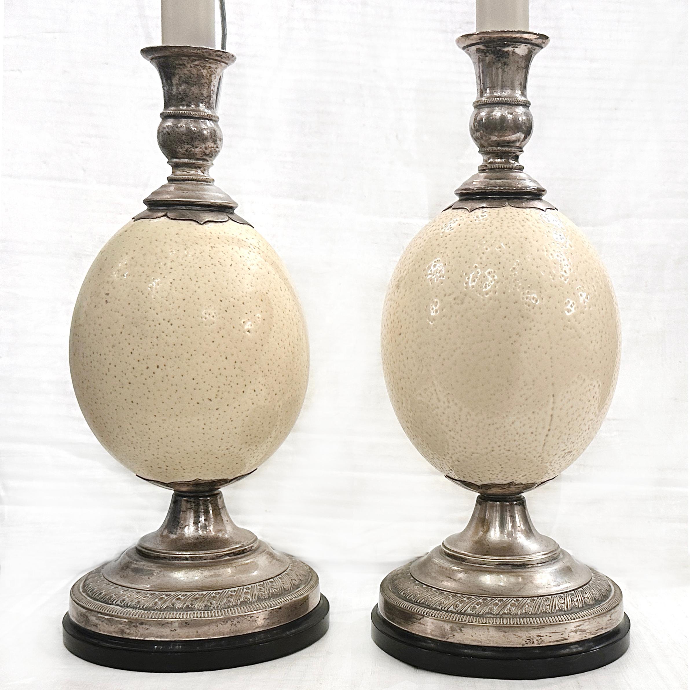 Paire de lampes anglaises en métal argenté des années 1950 avec un corps en forme d'œuf d'autruche.

Mesures :
Hauteur du corps : 12
Hauteur jusqu'à l'appui de l'abat-jour : 24