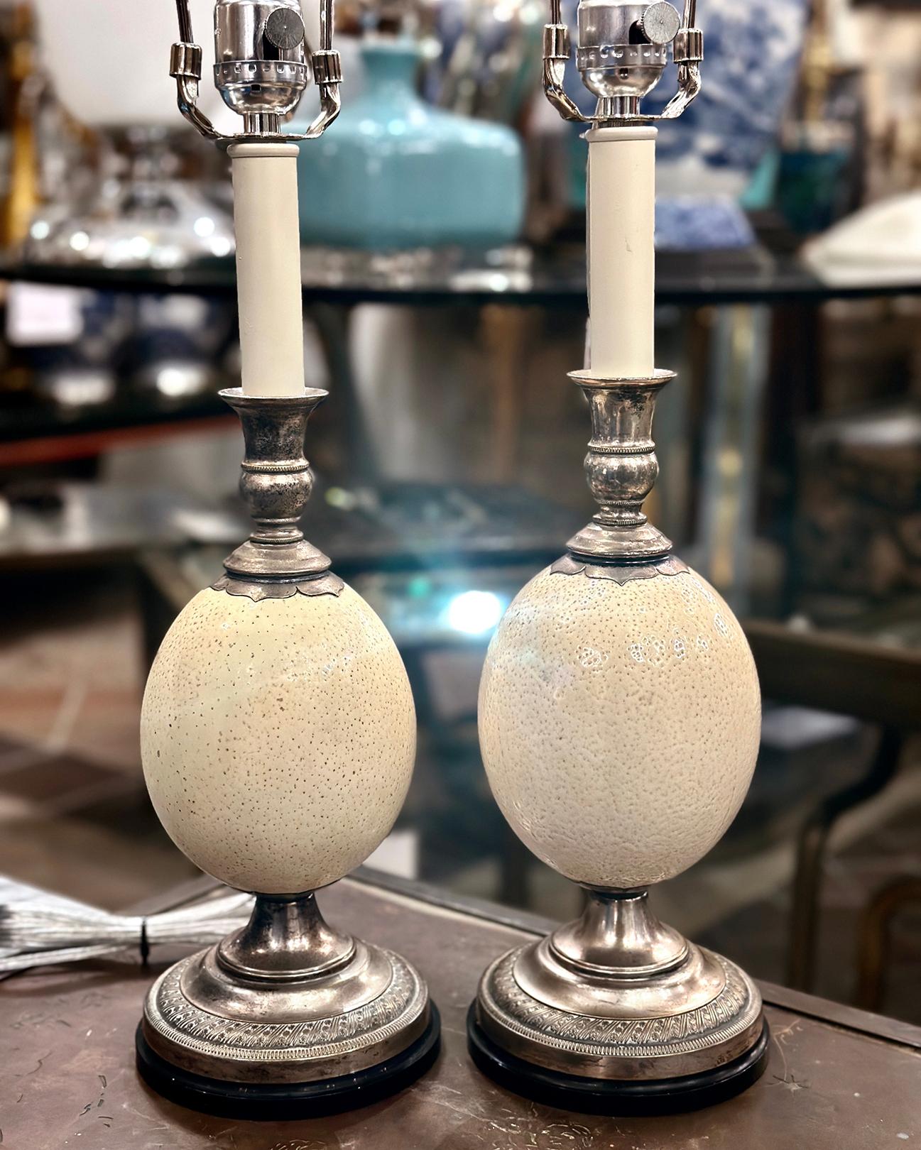 Silver Plate Pair of English Ostrich Egg  lamps For Sale