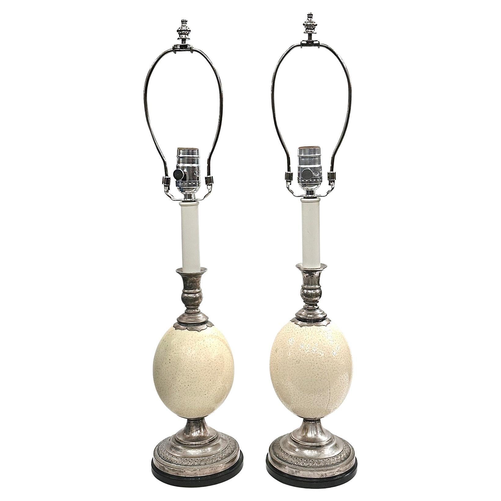 Pair of English Ostrich Egg  lamps For Sale