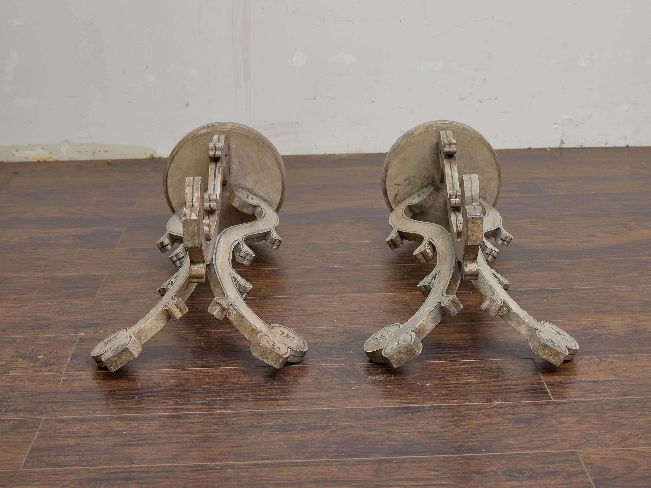 Wood Pair of English Painted Carved Pedestals with Scrolling Legs, circa 1900 For Sale