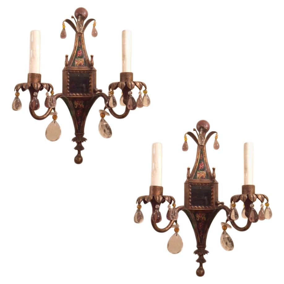 Pair of English Painted Tole Sconces with Crystals