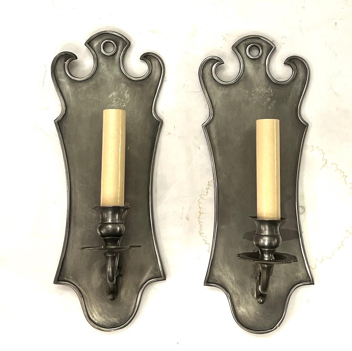 Pair of English Pewter Sconces For Sale 1