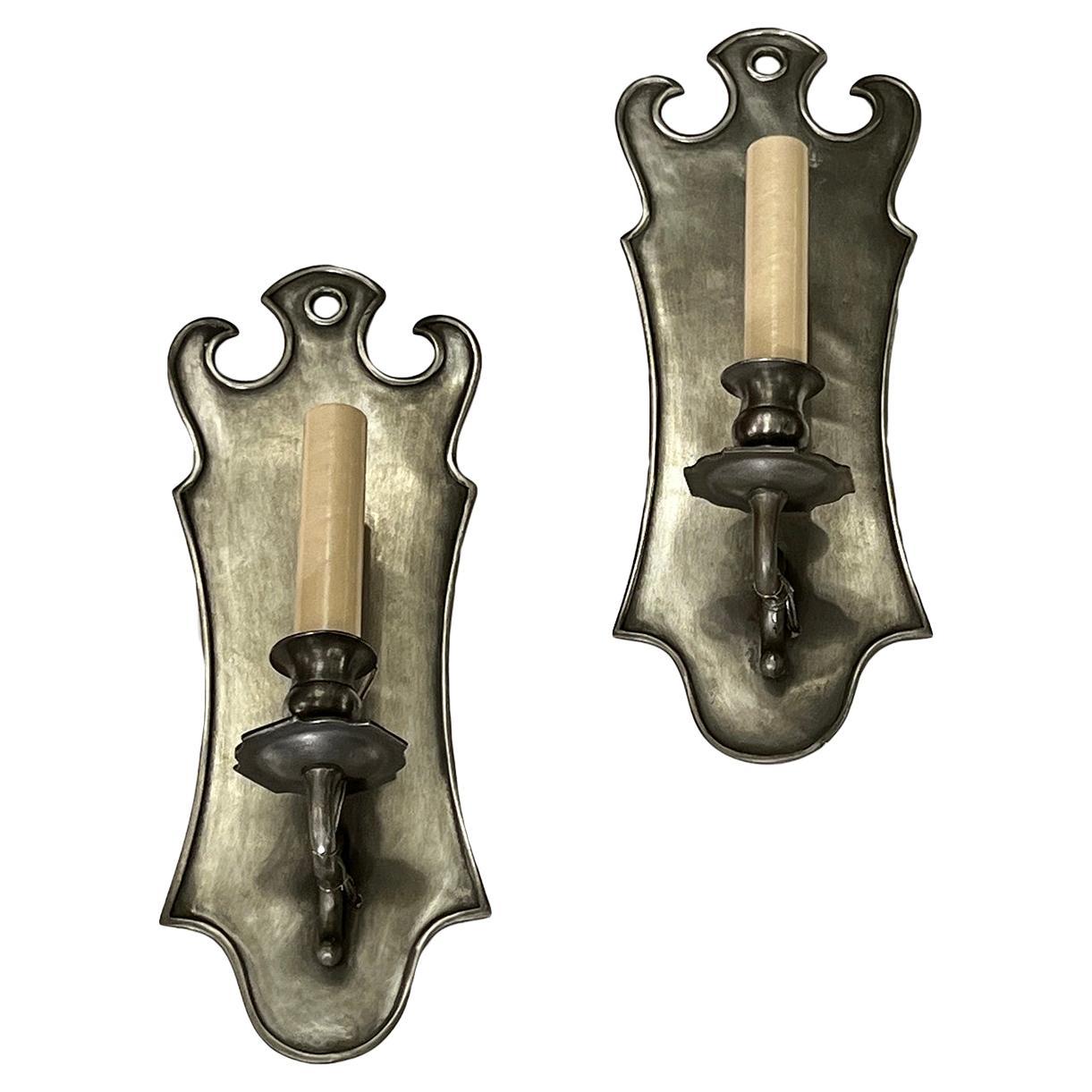 Pair of English Pewter Sconces For Sale