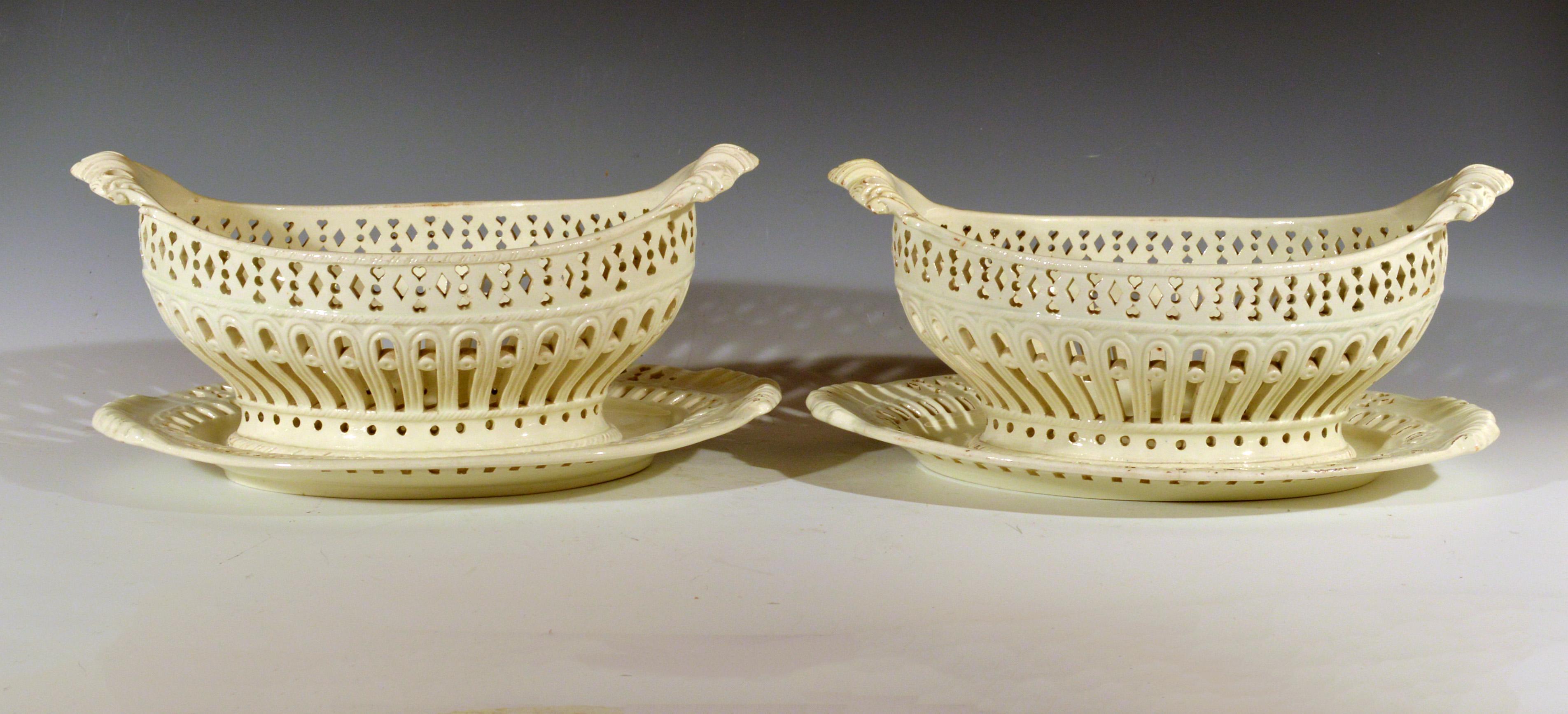 Pair of English Plain Creamware Openwork Baskets and Stands, circa 1780s-1990s 5