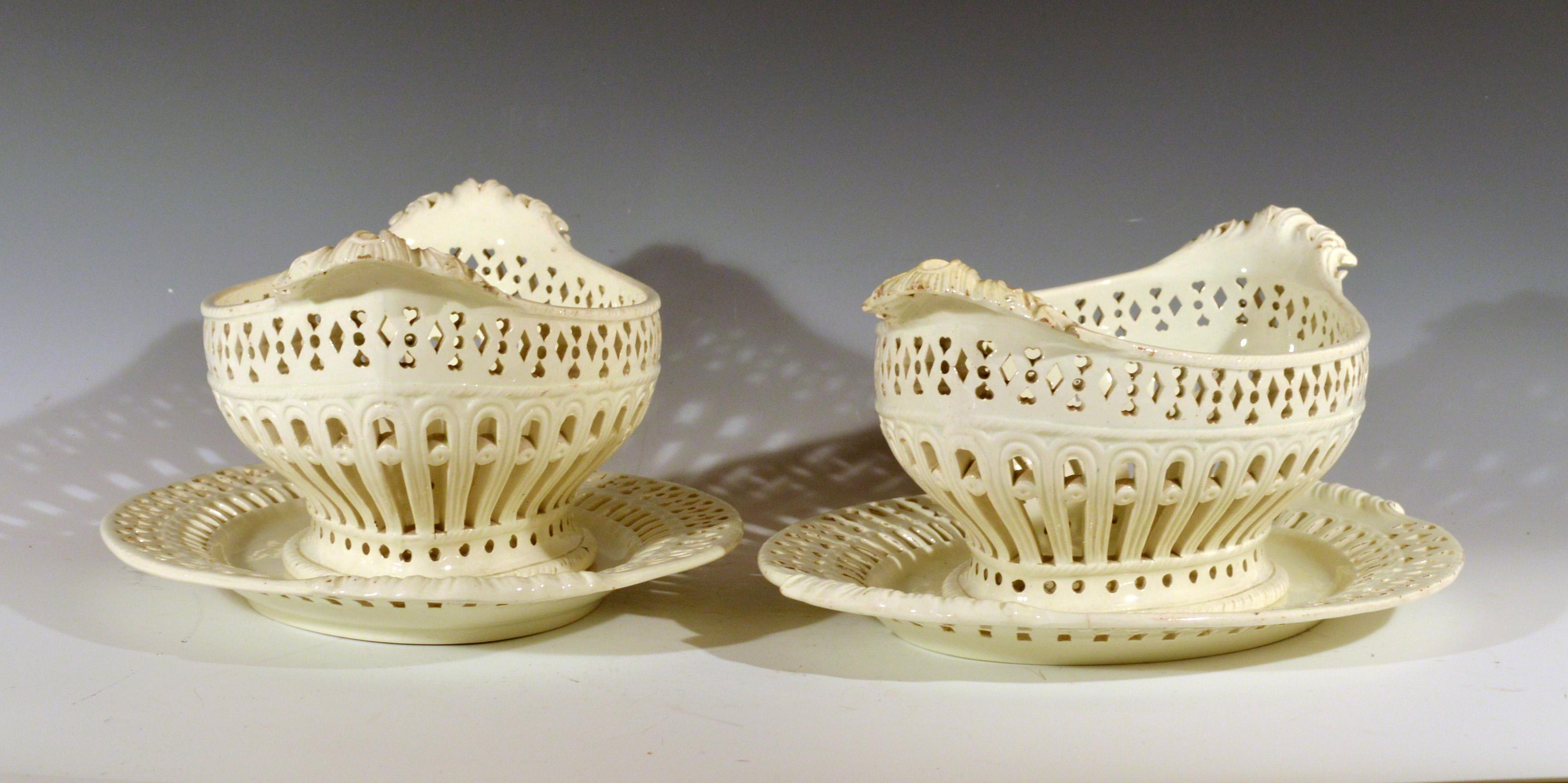 Pair of English Plain Creamware Openwork Baskets and Stands, circa 1780s-1990s 6