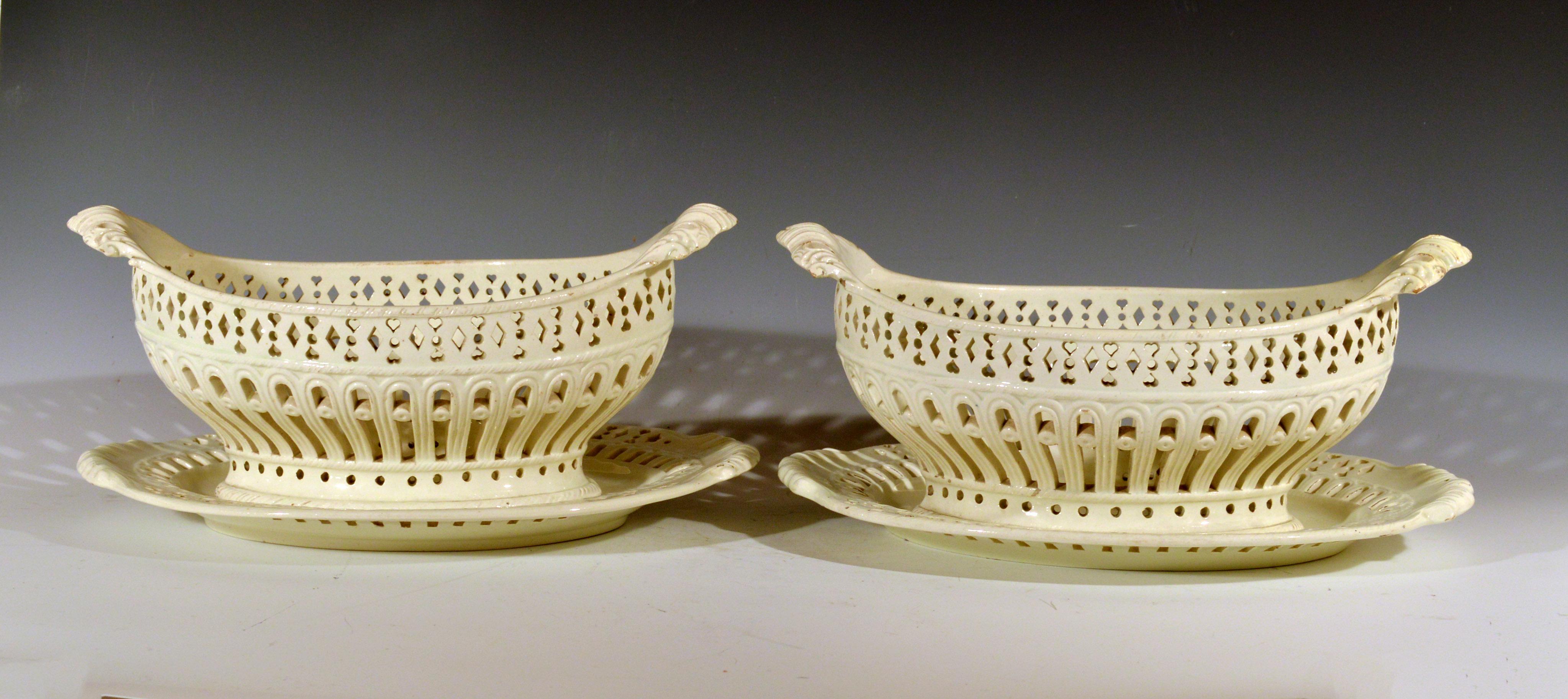 Pair of English Plain Creamware Openwork Baskets and Stands, circa 1780s-1990s 7