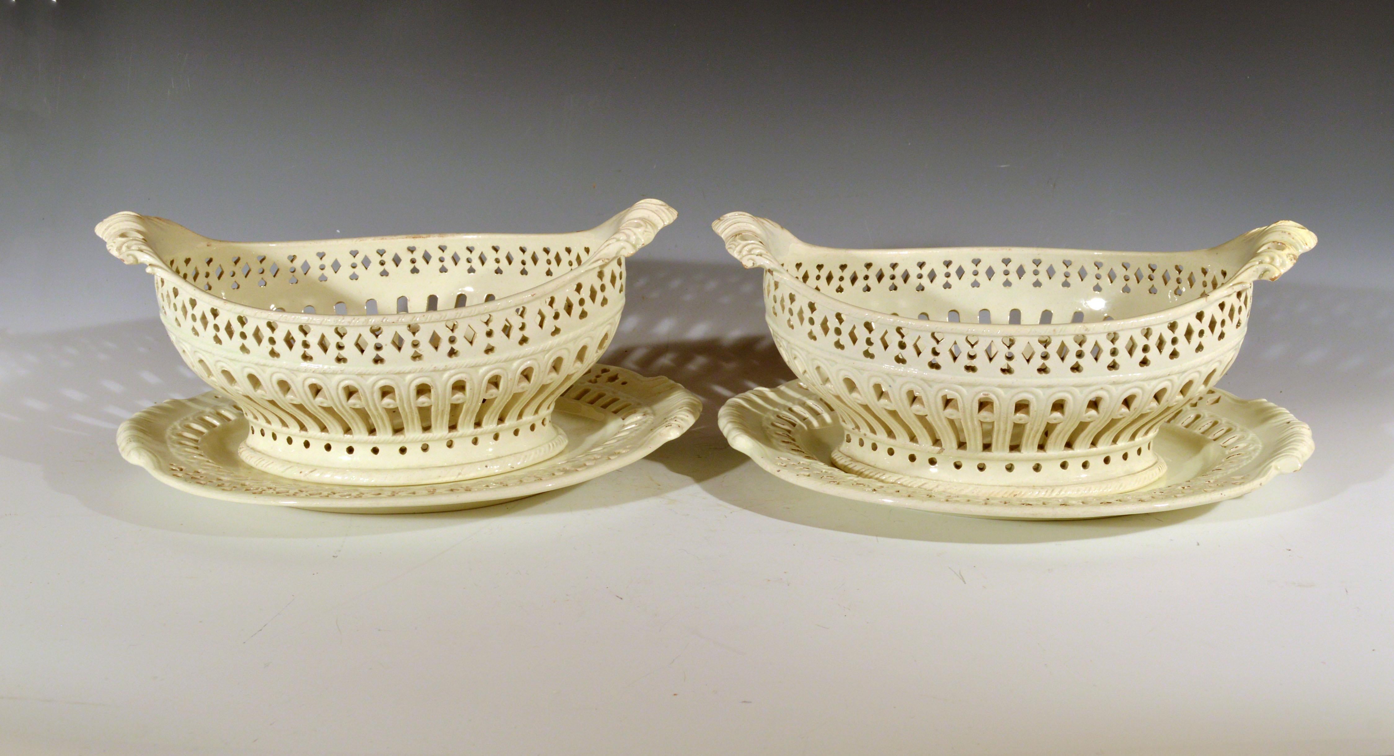 Pair of English Plain Creamware Openwork Baskets and Stands, circa 1780s-1990s 8