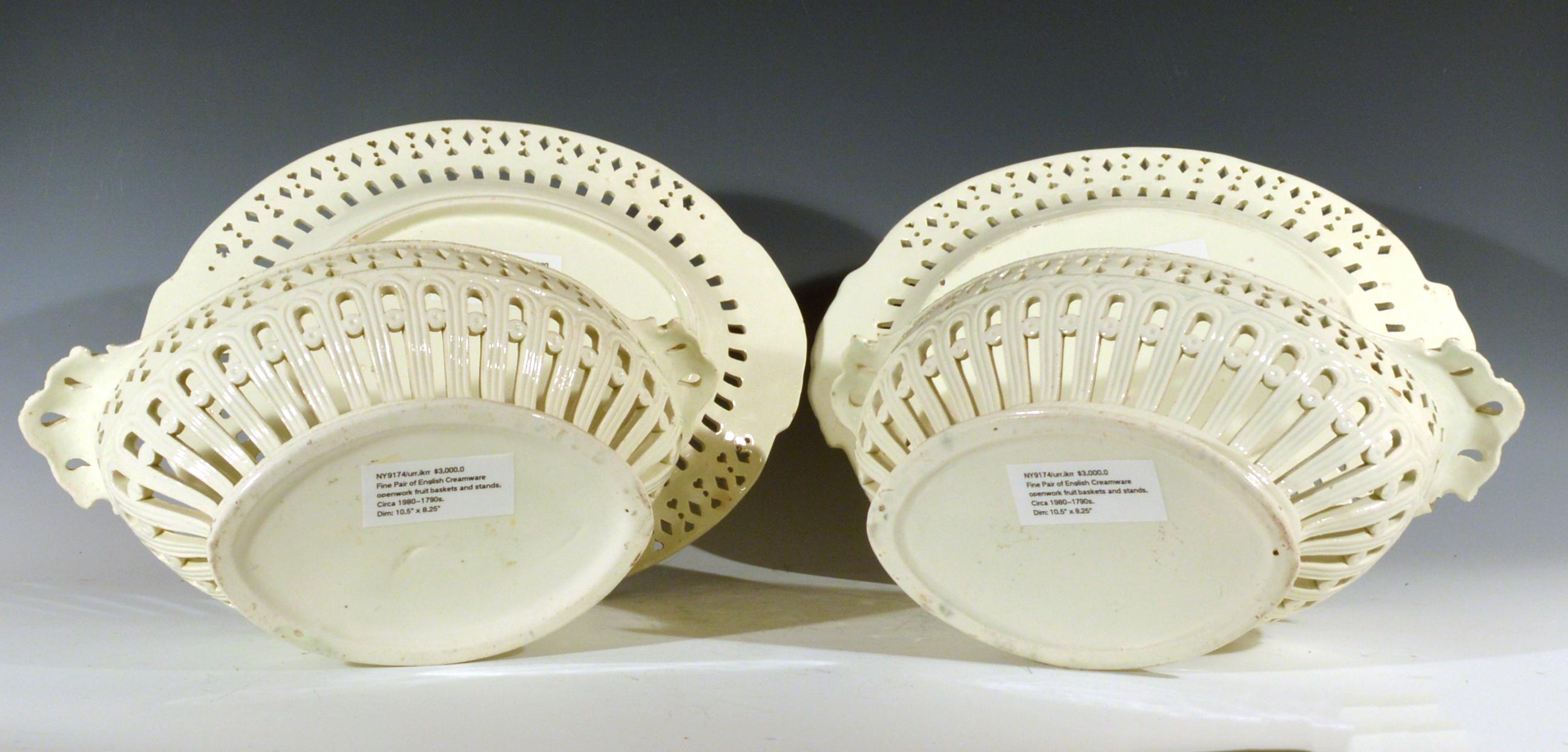 Georgian Pair of English Plain Creamware Openwork Baskets and Stands, circa 1780s-1990s