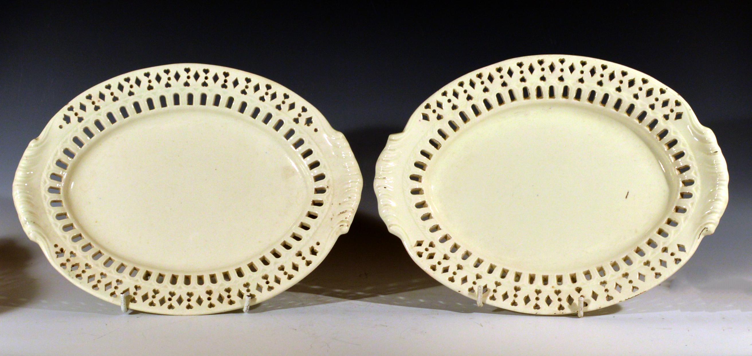 18th Century Pair of English Plain Creamware Openwork Baskets and Stands, circa 1780s-1990s