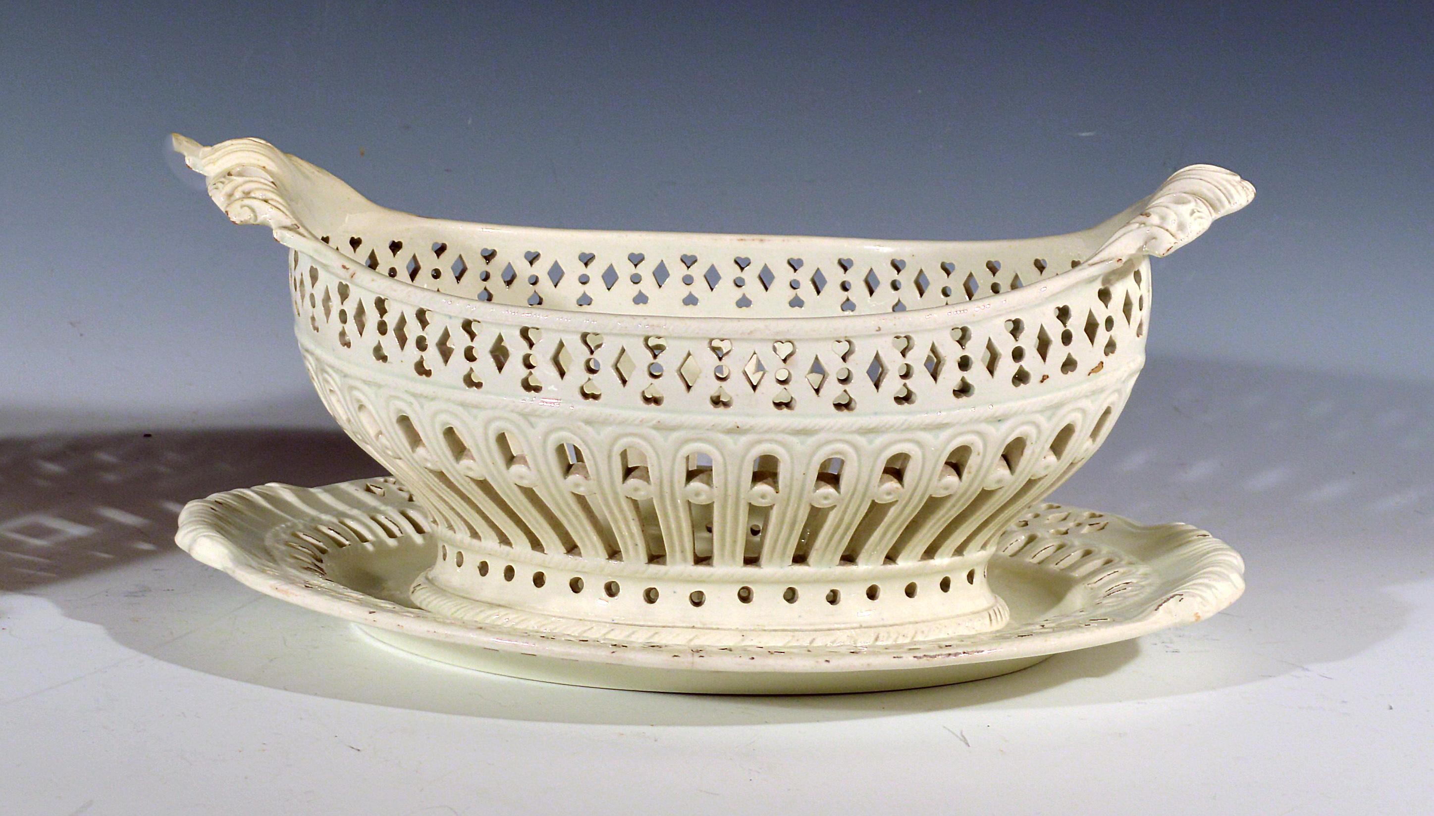Ceramic Pair of English Plain Creamware Openwork Baskets and Stands, circa 1780s-1990s