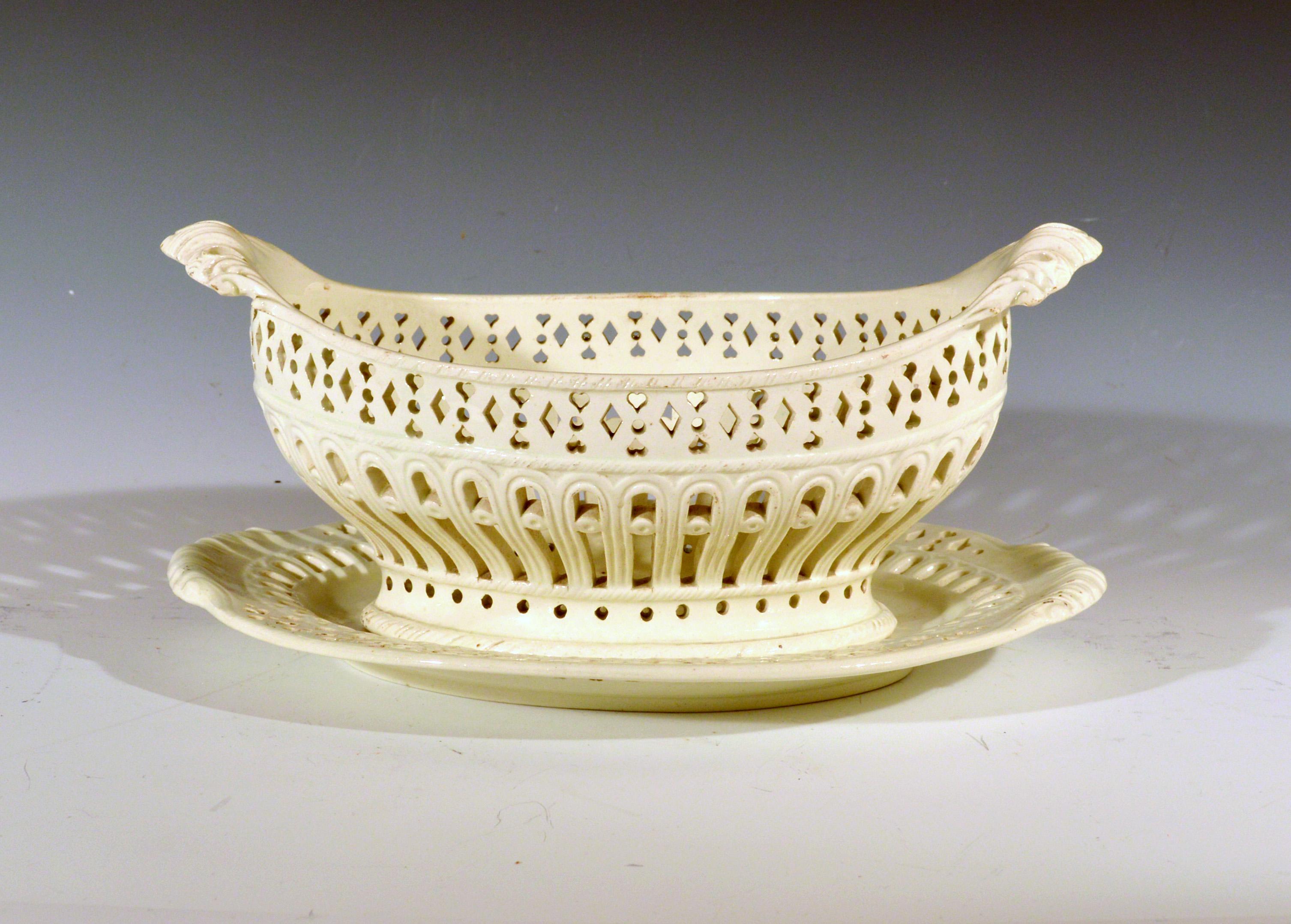 Pair of English Plain Creamware Openwork Baskets and Stands, circa 1780s-1990s 1
