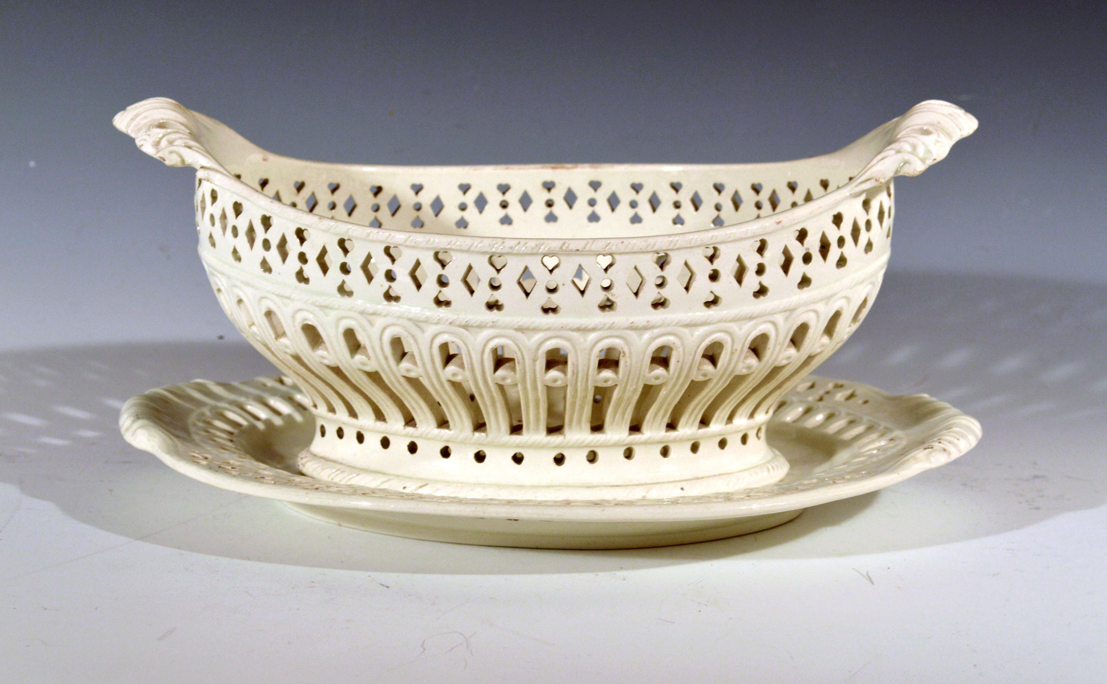 Pair of English Plain Creamware Openwork Baskets and Stands, circa 1780s-1990s 2