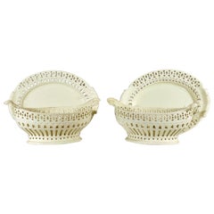 Pair of English Plain Creamware Openwork Baskets and Stands, circa 1780s-1990s