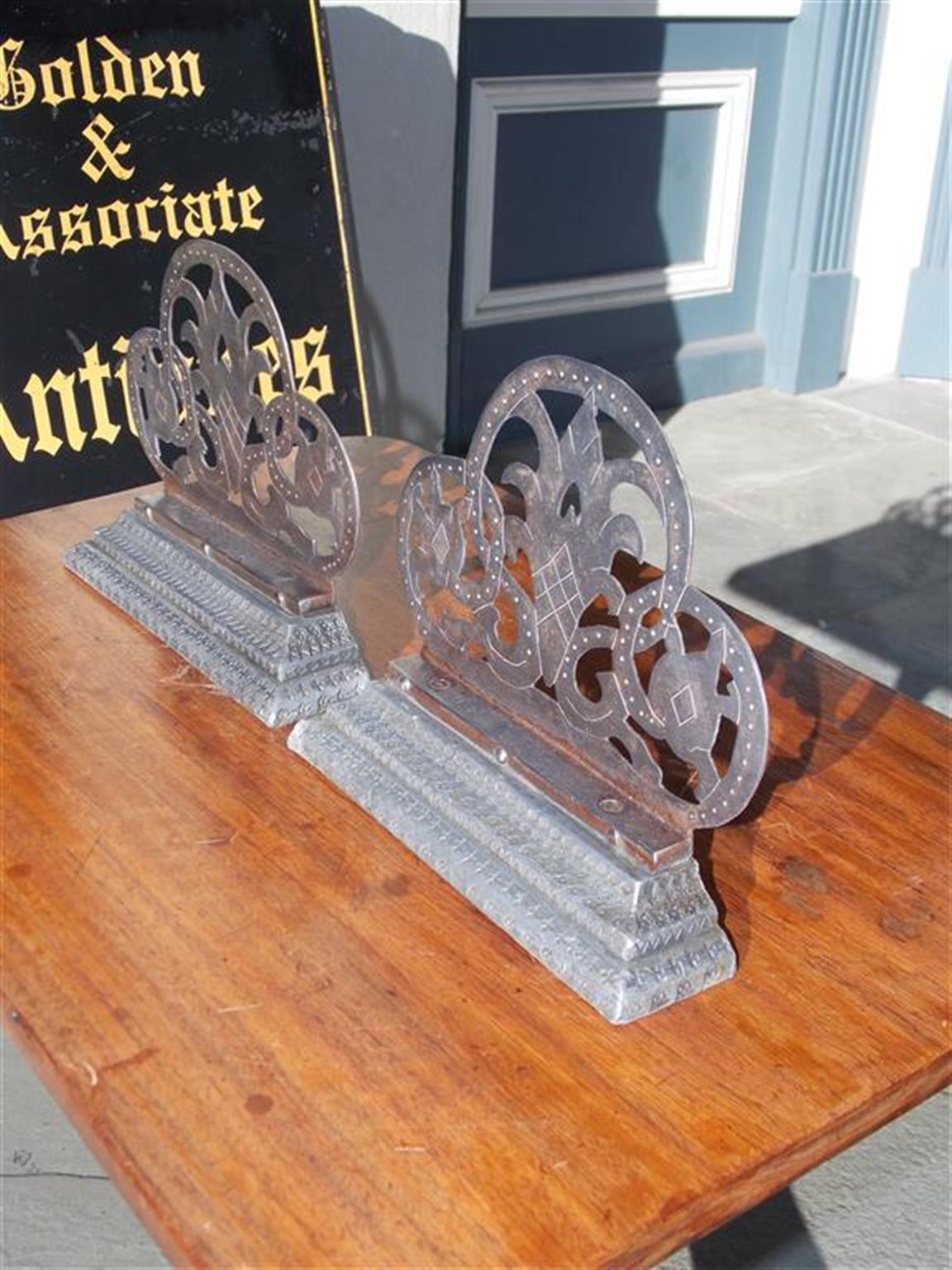 Pair of English Polished Steel Hand Chase Decorative Floral Bookends, Circa 1830 In Good Condition For Sale In Hollywood, SC