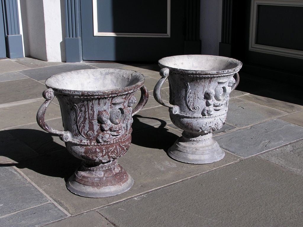 George III Pair of English Lead Poly Chromed Garden Urns with Flanking Handles, Circa 1820 For Sale