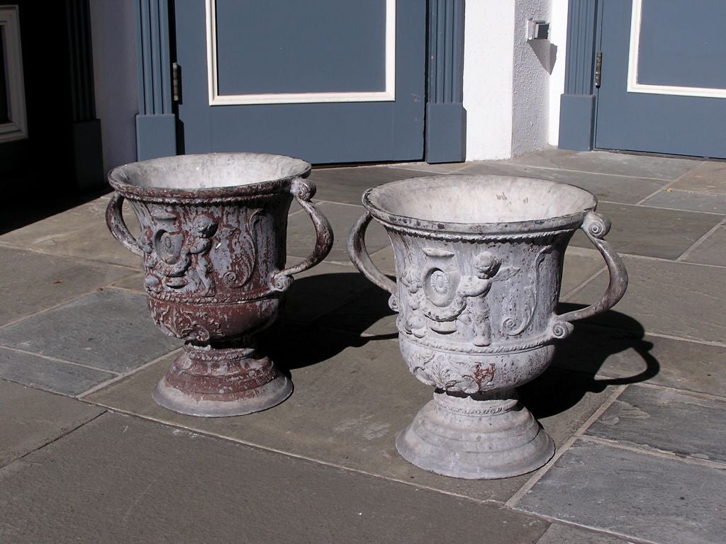 Cast Pair of English Lead Poly Chromed Garden Urns with Flanking Handles, Circa 1820 For Sale