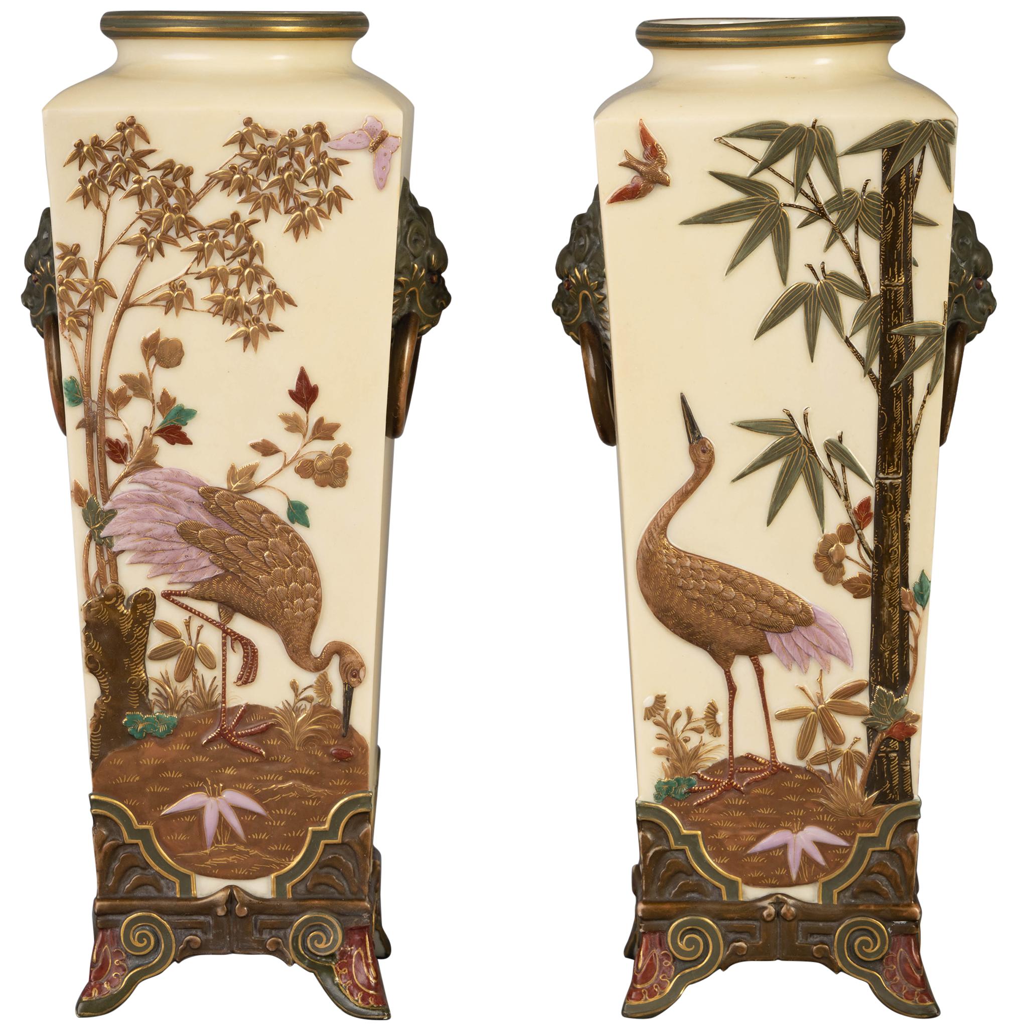 Pair of English Porcelain Aesthetic Movement Vases, Royal Worcester, circa 1880 For Sale