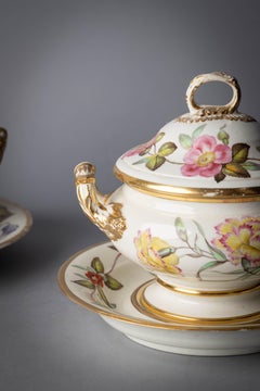 Pair of English Porcelain Botanical Sauce Tureens on Stands, Derby, circa 1820