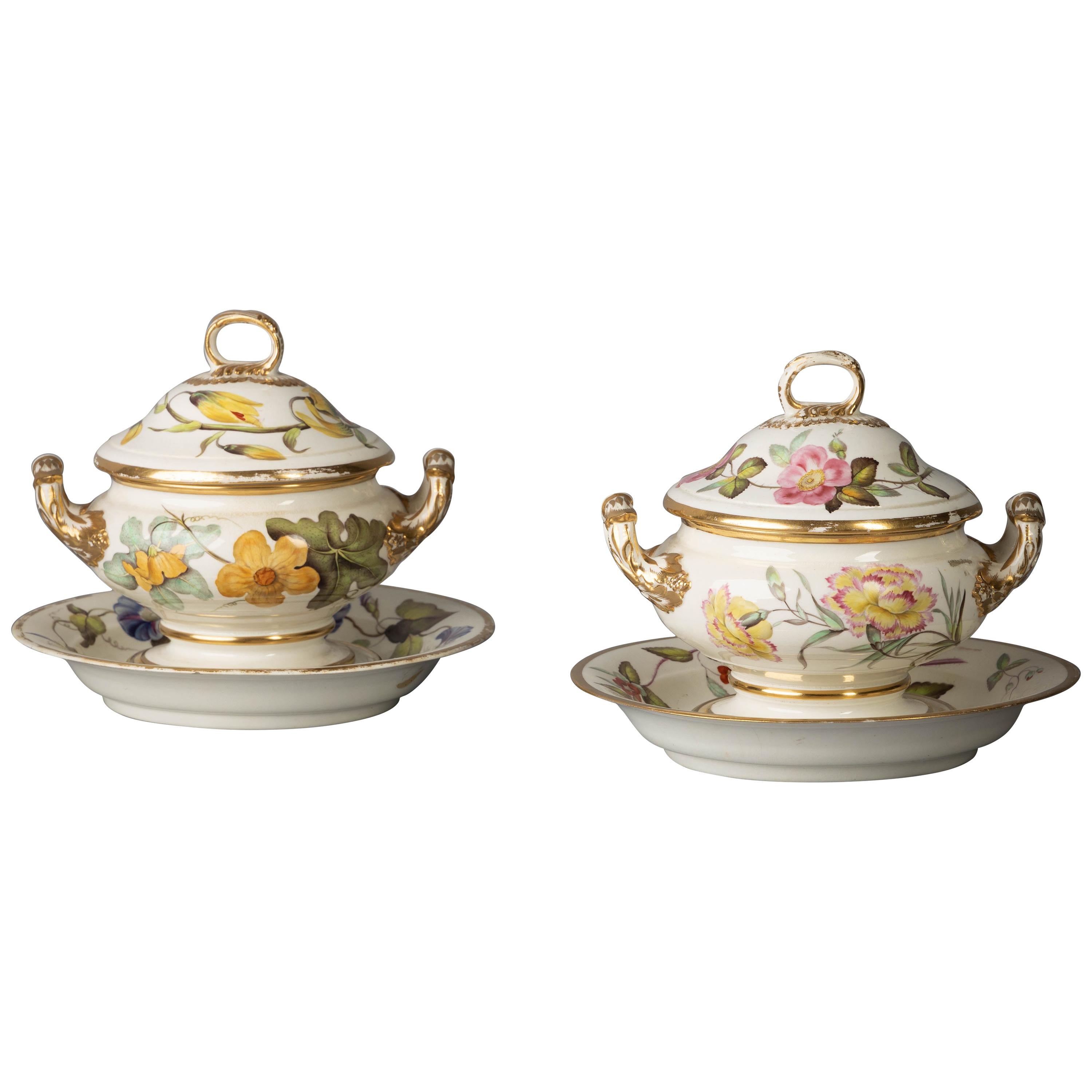 Pair of English Porcelain Botanical Sauce Tureens on Stands, Derby, circa 1820 For Sale