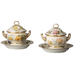 Pair of English Porcelain Botanical Sauce Tureens on Stands, Derby, circa 1820