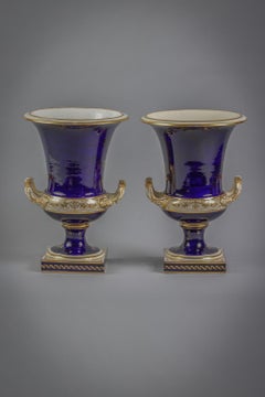 Pair of English Porcelain Campana-Shaped Two-Handled Vases, Derby, Circa 1820