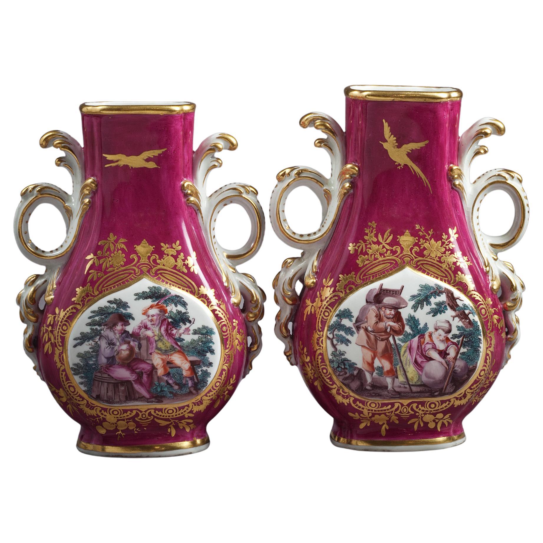 Pair of English Porcelain Claret Ground Vases, Chelsea, circa 1760 For Sale