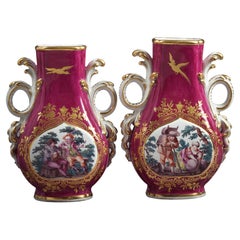 Antique Pair of English Porcelain Claret Ground Vases, Chelsea, circa 1760