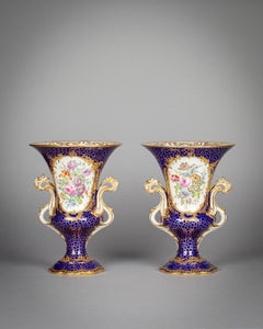Pair of English Porcelain Cobalt Two-Handled Vases, Coalport, circa 1820
