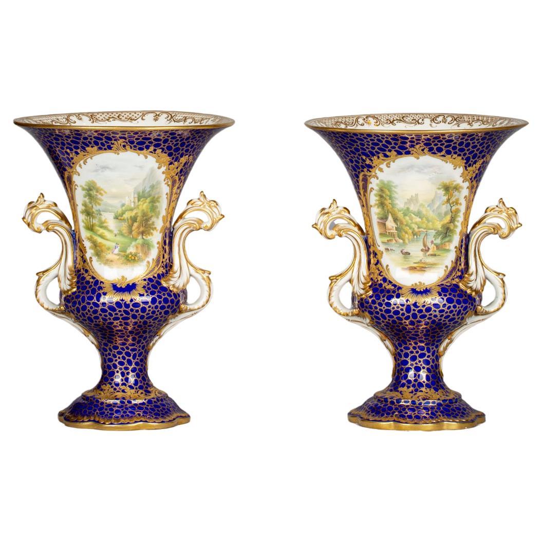 Pair of English Porcelain Cobalt Two-Handled Vases, Coalport, circa 1820 For Sale