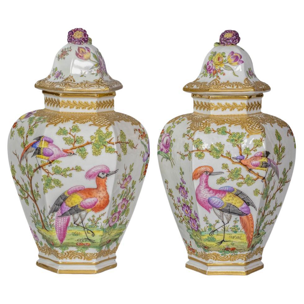 Pair of English Porcelain Covered Hexagonal Vases, circa 1840 For Sale