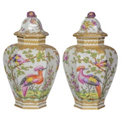 Antique Pair of English Porcelain Covered Hexagonal Vases, circa 1840