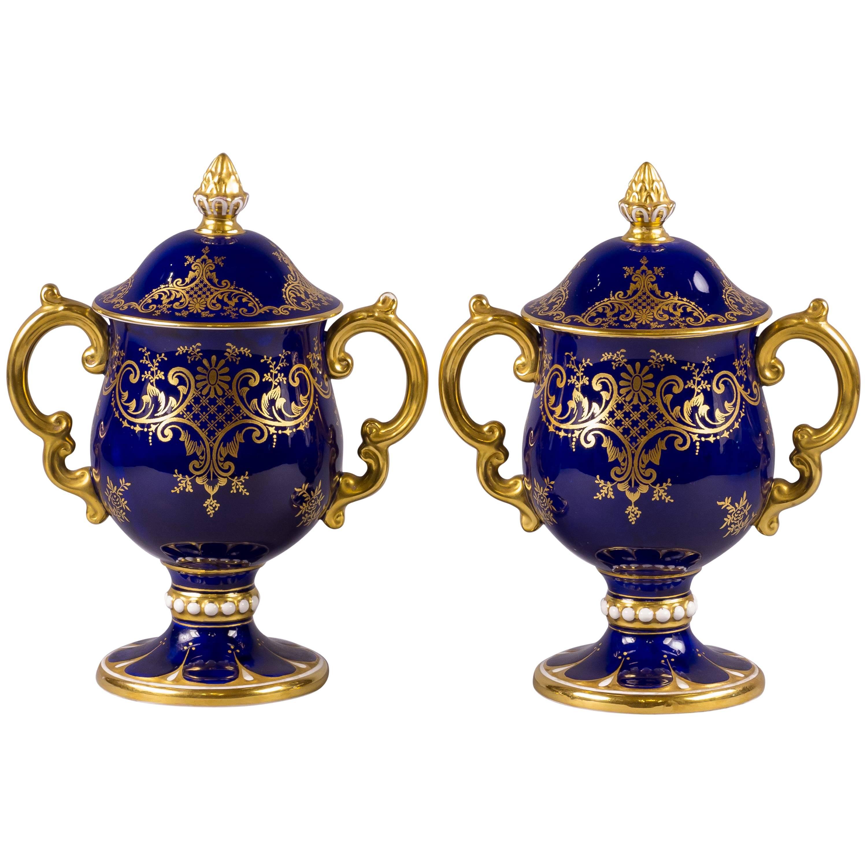 Pair of English Porcelain Covered Loving Cups, Coalport, circa 1890 For Sale
