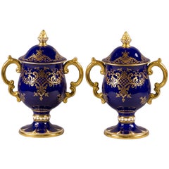Antique Pair of English Porcelain Covered Loving Cups, Coalport, circa 1890