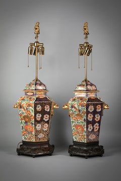 Pair of English Porcelain Hexagonal Imari-Pattern Lamps, Spode, circa 1820