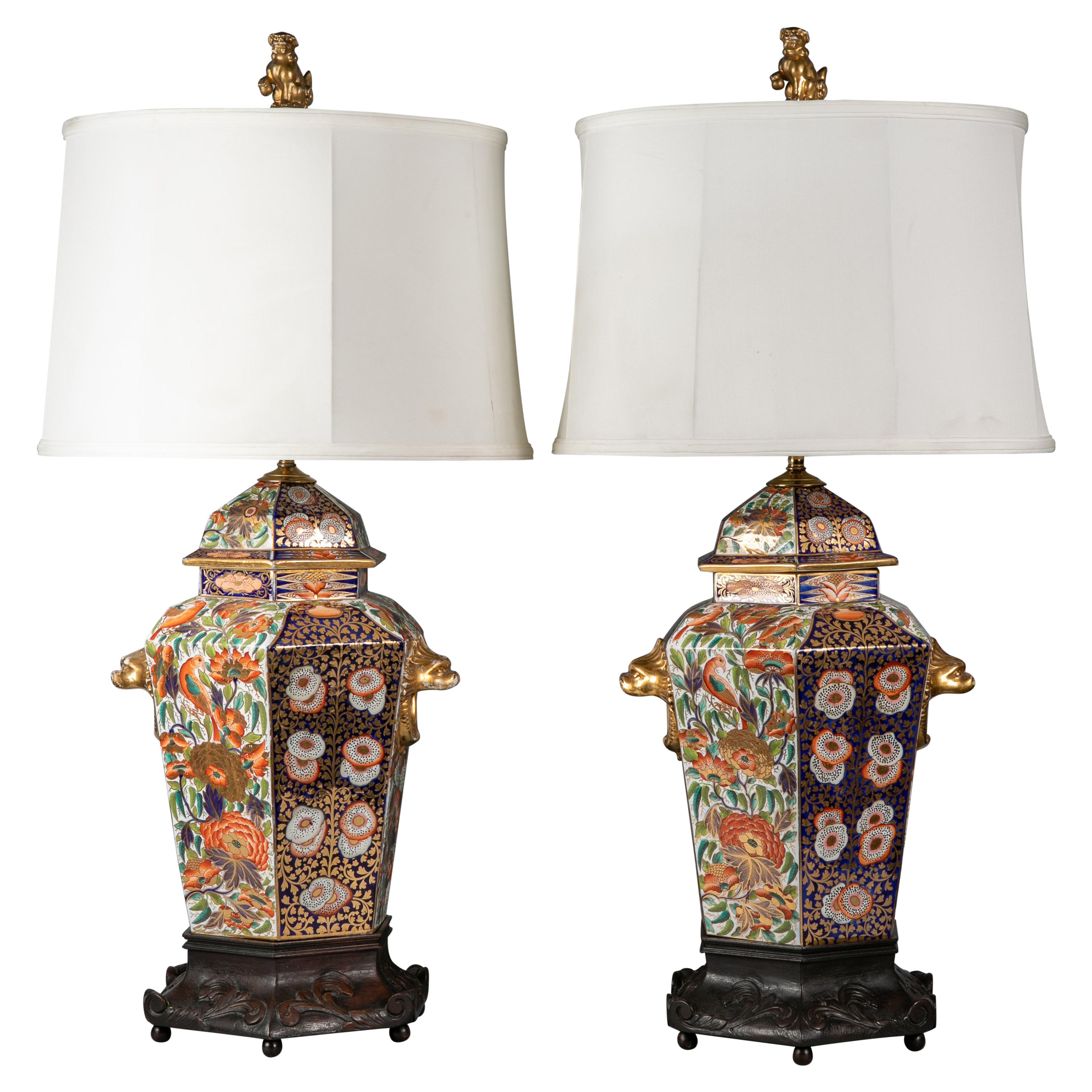 Pair of English Porcelain Hexagonal Imari-Pattern Lamps, Spode, circa 1820